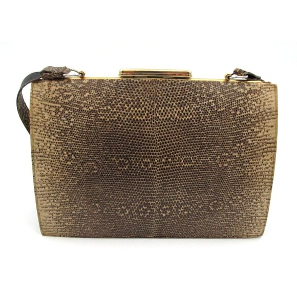 Vintage 60s Genuine Leather Reptile Purse YKK Zip Gold Frame Kiss Lock Bag - Picture 14 of 16